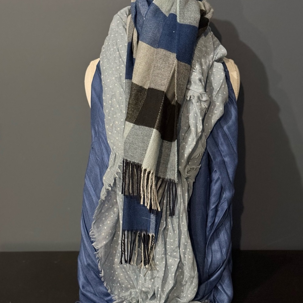 3 Scarves - 1 Navy Plaid, 1 Light Blue Polka Dot + 1 Blue Pashmina Scarf